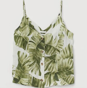 H&M linen button front palm  print camisole green white large NWOT